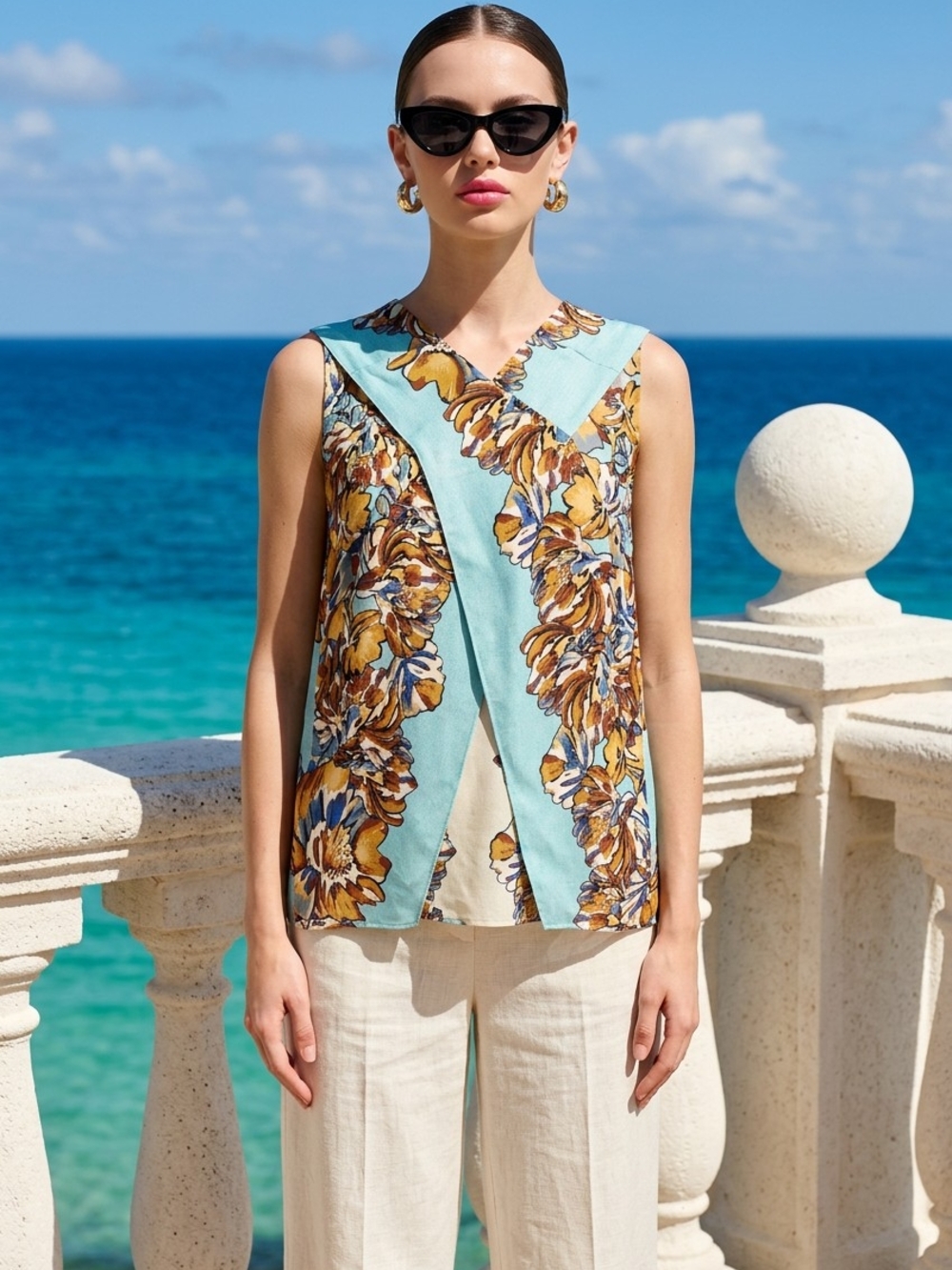 BCBGMaxAzria Aqua and Mustard Floral Cross-Front Camisole